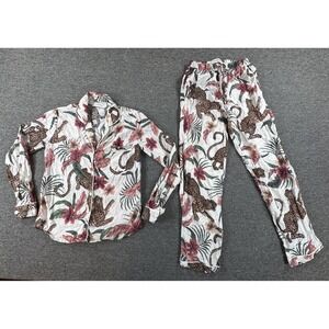 Desmond Dempsey Pajama Set Womens XS Leopard Floral Print Cotton Shirt Pants